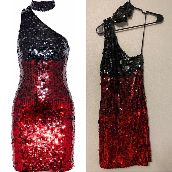 Alice + Olivia Ombré Red and Black Sequins One Shoulder Mini Dress - 4 - Picture 6 of 6